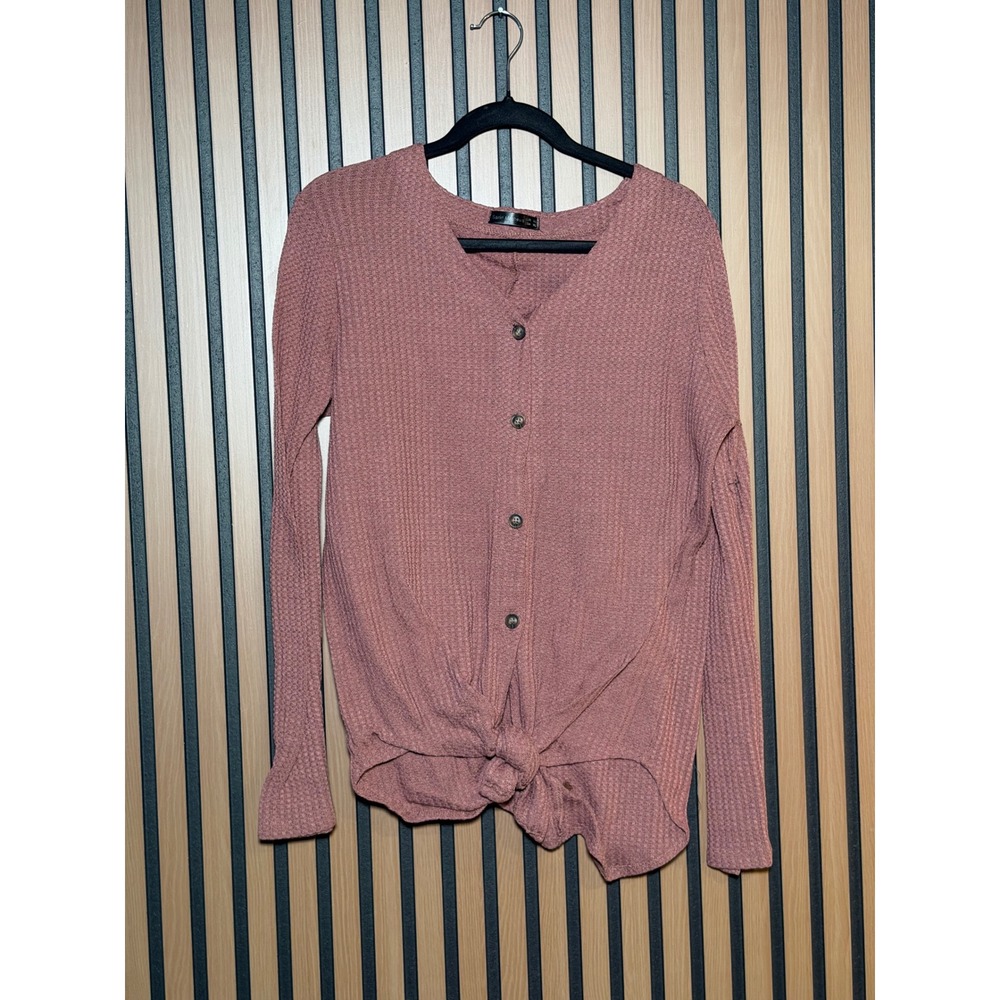 Sarin Mathews Womens XL Pink Waffle Knit Button‎ Front Tie Hem Long Sleeve Top